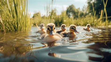 Adorable Ducklings Paddling in a Tranquil Pond stock photo | Creative ...