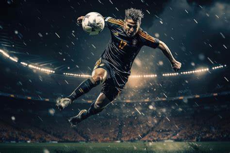 Premium AI Image | Soccer Player Kicking Ball MidAir during a Match