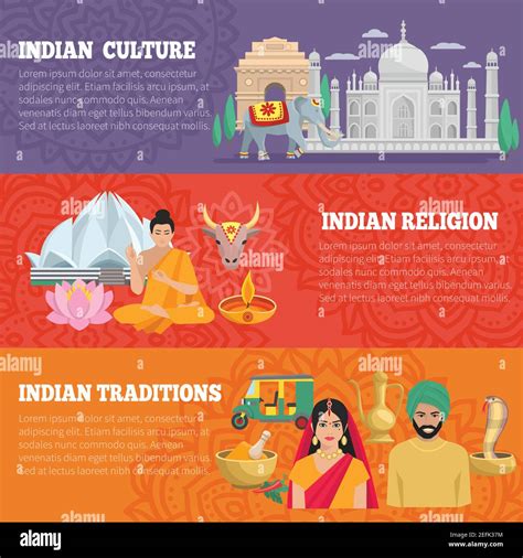 India horizontal banners set with traditions religion and culture isolated vector illustration ...