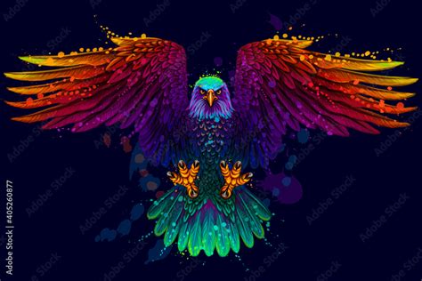 The eagle. Flying bald eagle. Color, abstract, neon, art portrait of a soaring bald eagle on ...