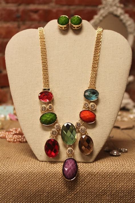 Multi Colored Stone Gold Necklace with Earrings · Cotton Belles ...