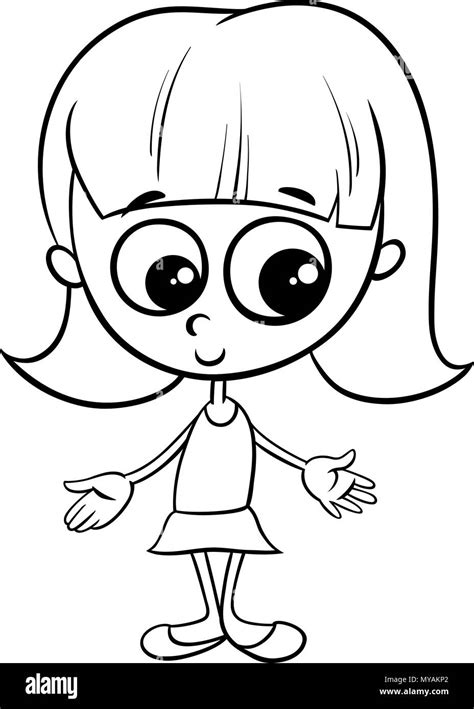 Black and White Cartoon Illustration of Cute Little Girl Character ...