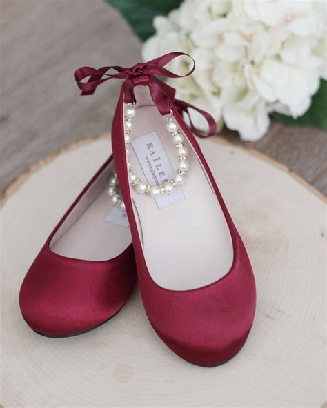 Burgundy Satin Flats with Pearls Ankle Strap in 2022 | Flower girl ...