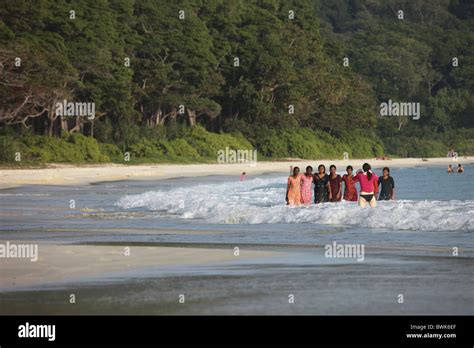 Tourists and locals at Radha Nagar Beach, Beach 7, Havelock Island ...