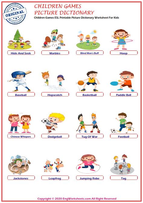 ﻿Children Games ESL Printable Picture Dictionary Worksheet For Kids - Image Preview | English ...