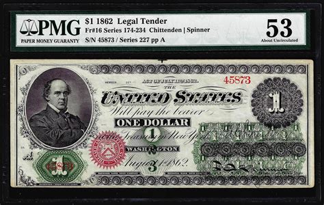 1862 $1 Legal Tender Note Fr.16 PMG About Uncirculated 53 - BK Auctions