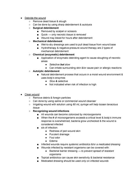 Wound care - Debride the wound Remove dead tissue & slough Can be done by using sharp - Studocu