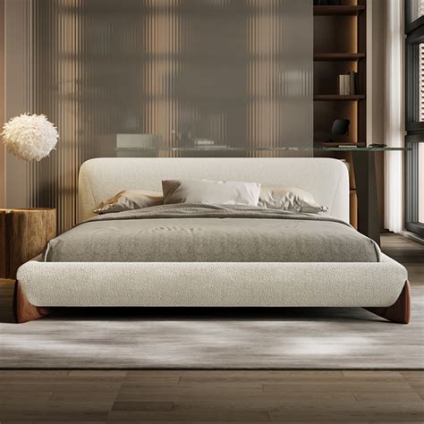 Modern White Boucle Platform Bed King Size Bed Frame with Upholstered Headboard - Bedroom ...