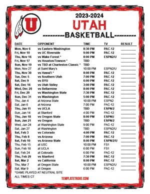 Printable 2023-2024 Utah Utes Basketball Schedule