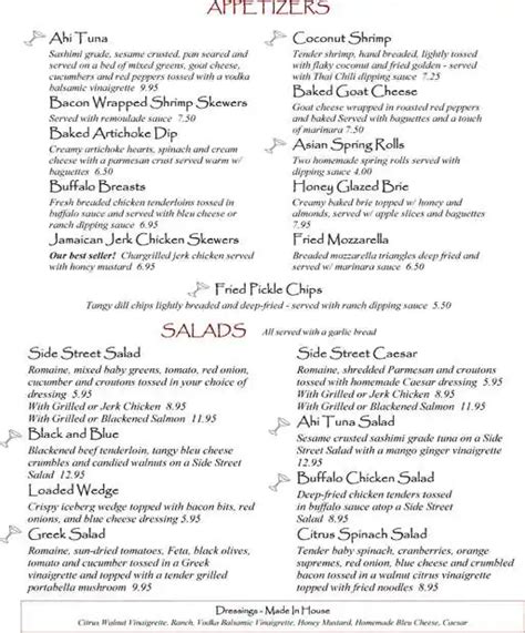 Menu at Side Street Grill pub & bar, Memphis