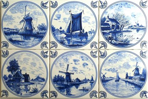 Blue Delft Ceramic Tile 6" x 6" set of 6 Wind Mill Boat House Kiln ...