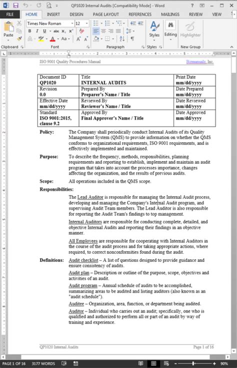 Internal Audit Procedure ISO 9001 2015