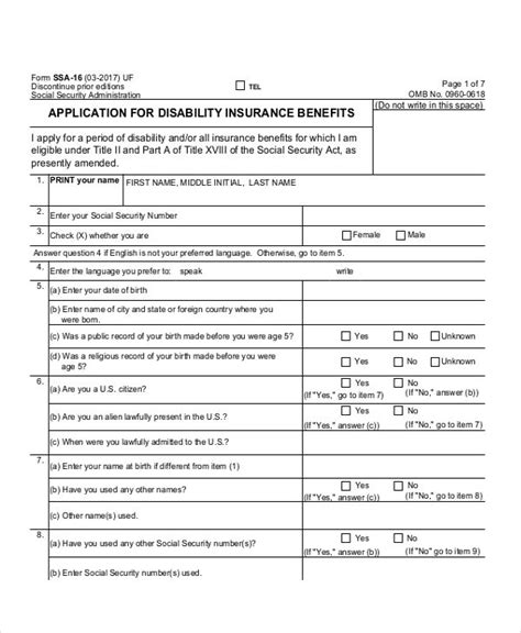 Social Security Disability Application Form Printable