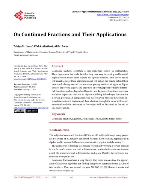 (PDF) On Continued Fractions and Their Applications