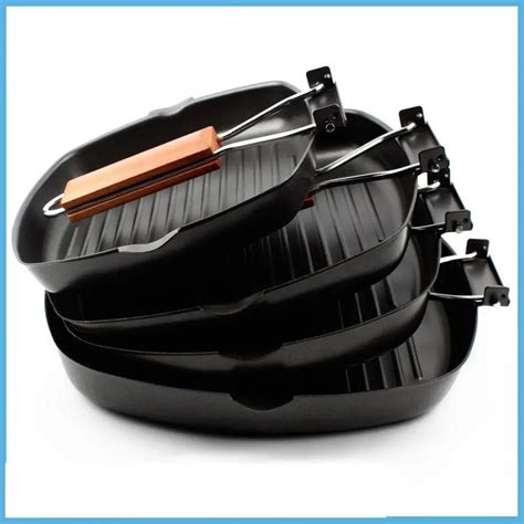 Cast Iron Steak Grill Pans Non Stick Frying Pan Wooden Handle Folding for Kitchen Fry Cooking ...