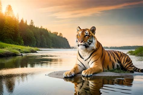 Premium Photo | A tiger on the water at sunset