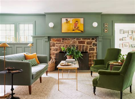 Cottage Style Furniture Living Room With Green Wall