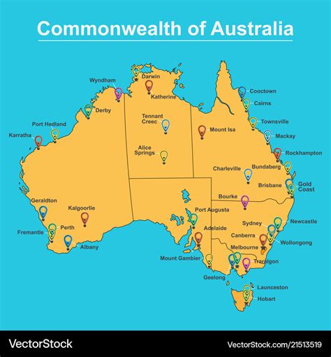 Map of australia with major towns and cities Vector Image