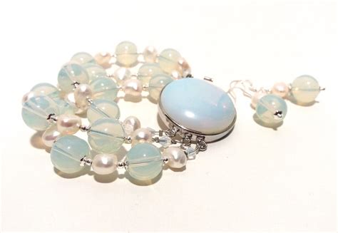 Opalite Jewelry Set Bracelet and Earrings/opalite and Pearls - Etsy