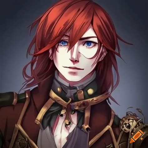 Character design of a kind-looking steampunk man with long red hair and blue eyes on Craiyon