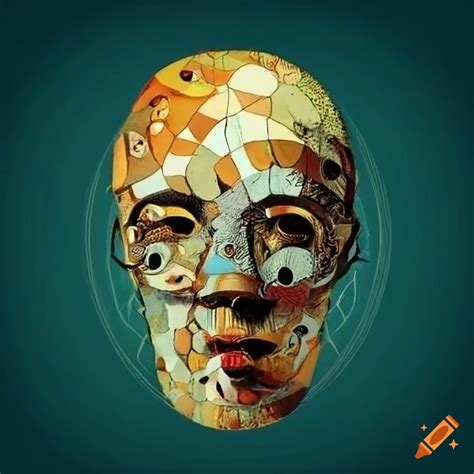 Surrealist collage of a complex machine mask