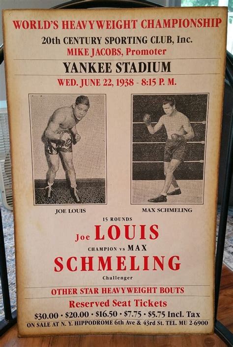 1938 Joe Louis vs. Max Schmeling Poster Heavyweight Boxing Fight Yankee ...