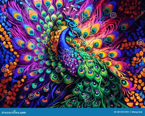 A Painting of a Peacock with Colorful Feathers, Colorful Intricate Masterpiece, Beautiful Color ...
