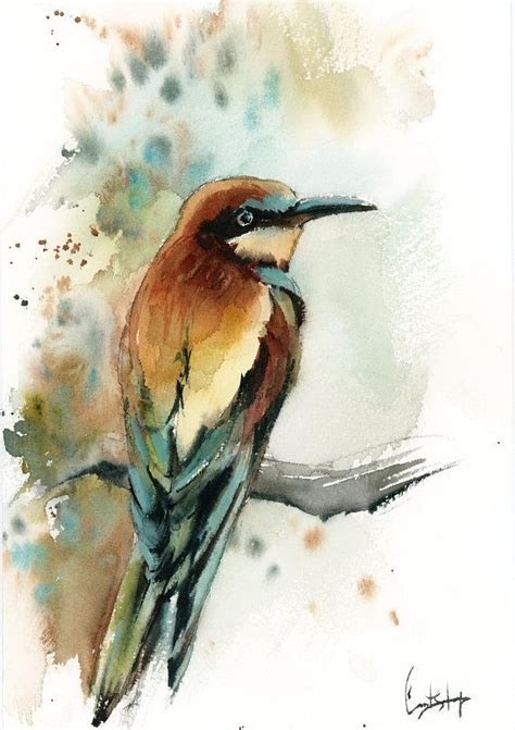 Bird painting, Original watercolor painting of bird, Bee Eater bird on a branch watercolour art ...