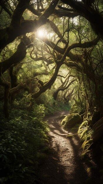 Premium AI Image | A forest path with a forest path and the sun shining through it.