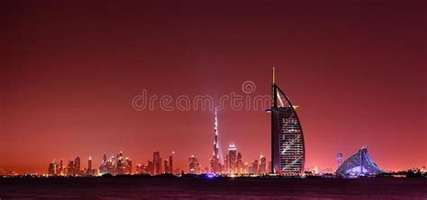 Dubai skyline reflection at night, Dubai, United Arab Emirates. Dubai ...