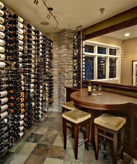 Wine cellar with compact seating area that comes in handy for a quick ...