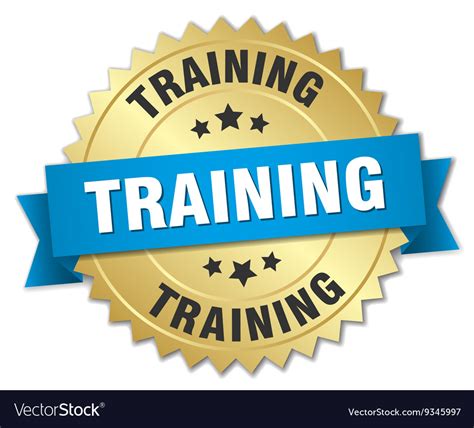 Training 3d gold badge with blue ribbon Royalty Free Vector