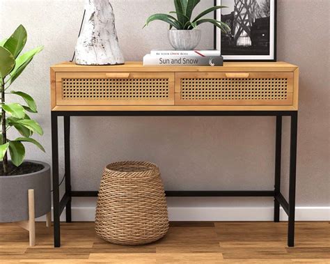 Rustic Rattan Console Table With 2 Drawers Entryway Hallway | Etsy