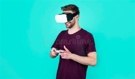 Virtual Work. Future Technology Concept. Guy Getting Experience Using VR-headset Glasses Stock ...