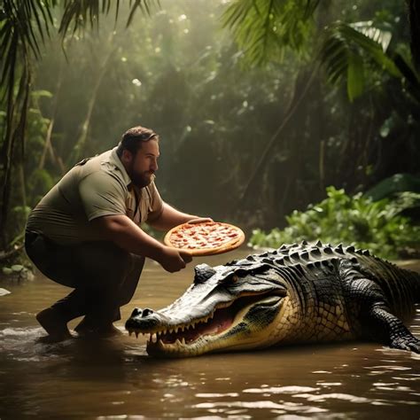 Premium Photo | A crocodile and a fat man fighting over a pizza