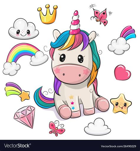 Cartoon unicorn and set cute design elements Vector Image | Unicorn ...