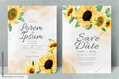 Wedding Invitation Card Set with Watercolor Sunflowers Stock Vector ...