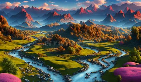 Fantastic Landscape with a Meandering River and Mountains , AI Generated Stock Illustration ...