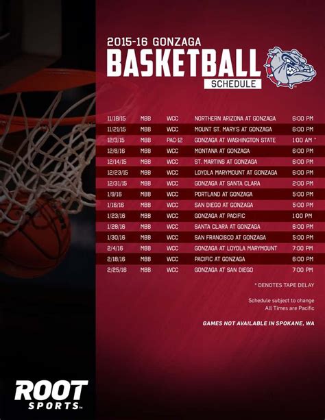 Printable Gonzaga Basketball Schedule