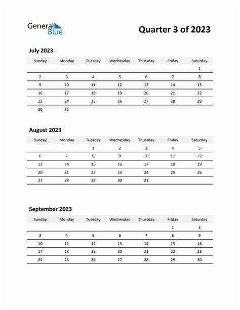 Q3 Quarterly Calendar 2023 in PDF, Word, Excel