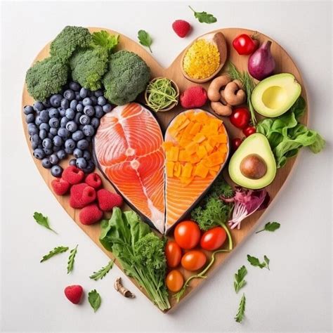 Premium AI Image | a heart shaped wooden cutting board filled with assorted fruits and vegetables