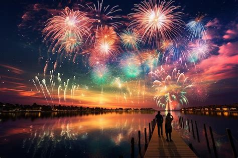 Premium AI Image | Fireworks on the lake at night