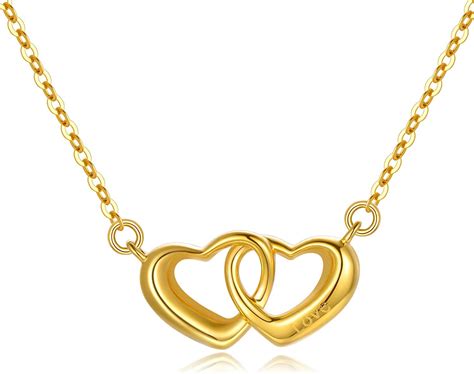 Amazon.com: SISGEM 18k Gold Double Heart Necklace for Women, Engraved Love Fine Gold Jewelry ...