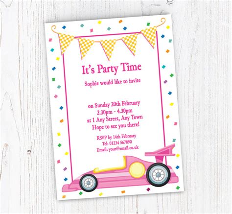 Pink Racing Car Party Invitations | Personalise Online Plus Free Envelopes | Putty Print