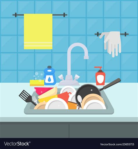 Cartoon kitchen sink with different kitchenware Vector Image