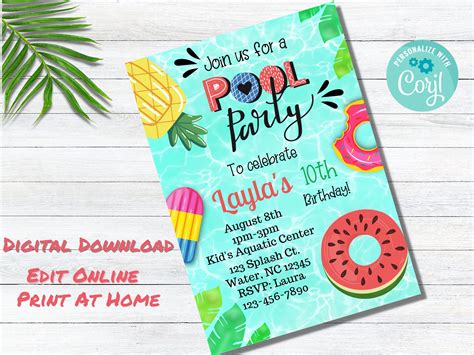 Pool Party Birthday Invitations, Pool Birthday Party, Summer Birthday ...