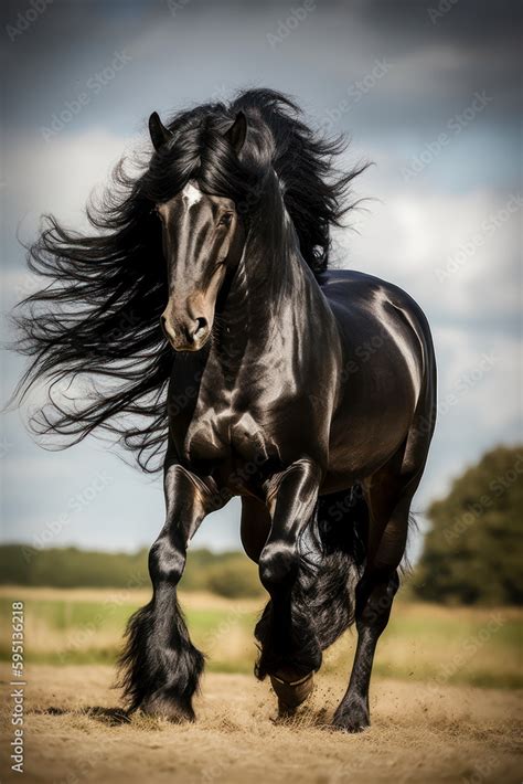 Beautiful black friesian horse with a long mane galloping on the meadow. Gorgeous friesian ...