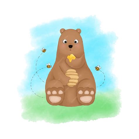 Premium Vector | Bear eating honey surrounded by bees watercolor ...