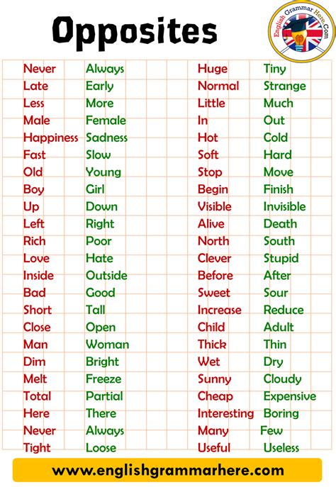 Basic Opposites Words List in English - English Grammar Here