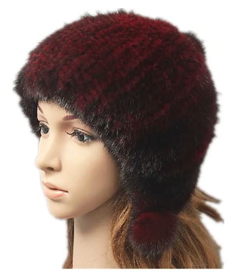 luxury fur hat natural mink hair autumn winter cap with fur pom knitted ...